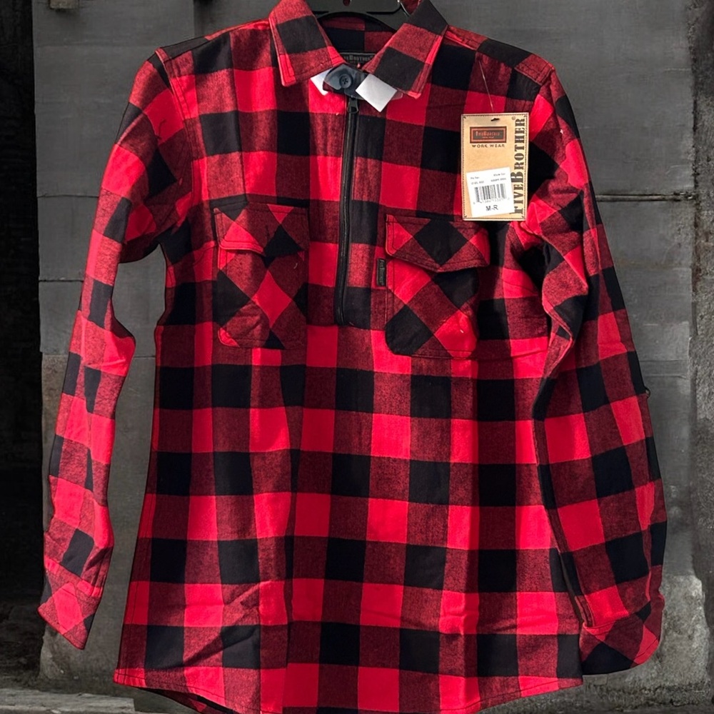 Ladies Pull Over Half Zip Front Flannel Shirt/ Red Black Plaid
